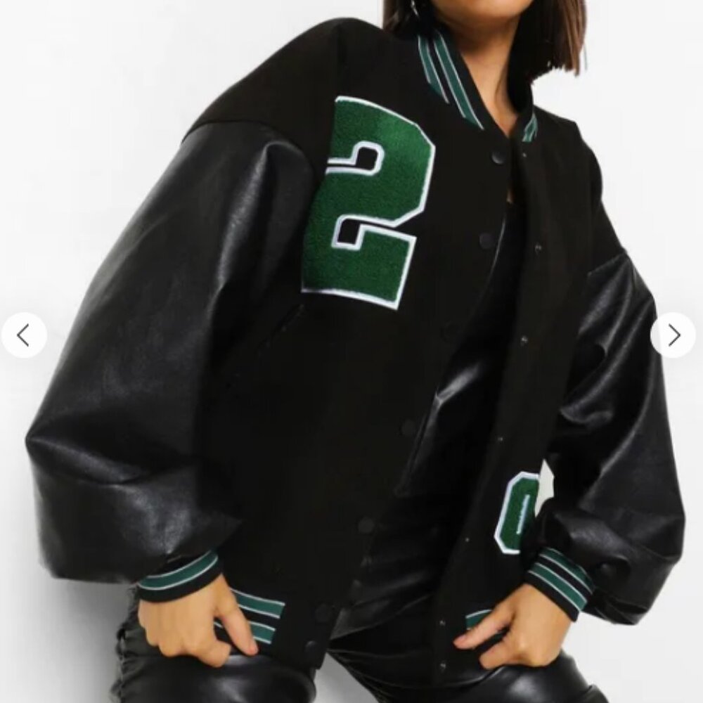 Boohoo PU Sleeve Oversized Varsity Jacket Womens US 2 UK 6 Black Green NWT NEW